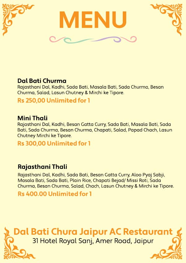 Dal Bati Churma Jaipur menu